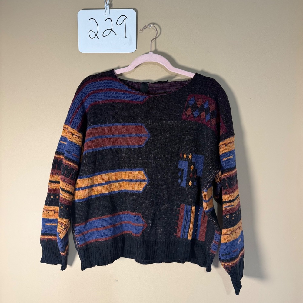 Colore Italia Vintage Abstract Geometric Knit Sweater Black Blue Italy